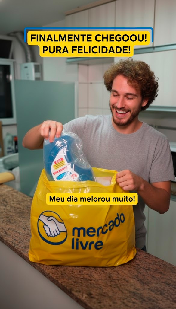 Cliente abrindo pacote do Mercado Livre com felicidade